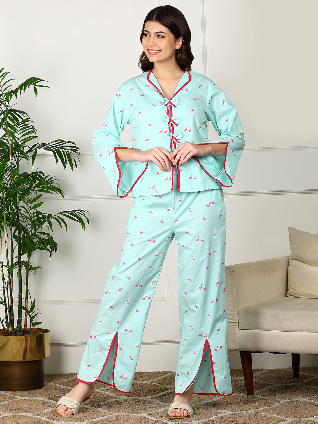 Golden Kite Women’s Cotton Swan Printed Night Suit with Contrast Piping Notch Collar, Frill & Pocket