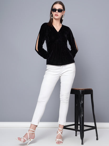 Golden Kite Black Women Solid Wrap Neck ,Sleeve Cut Gather detail Top