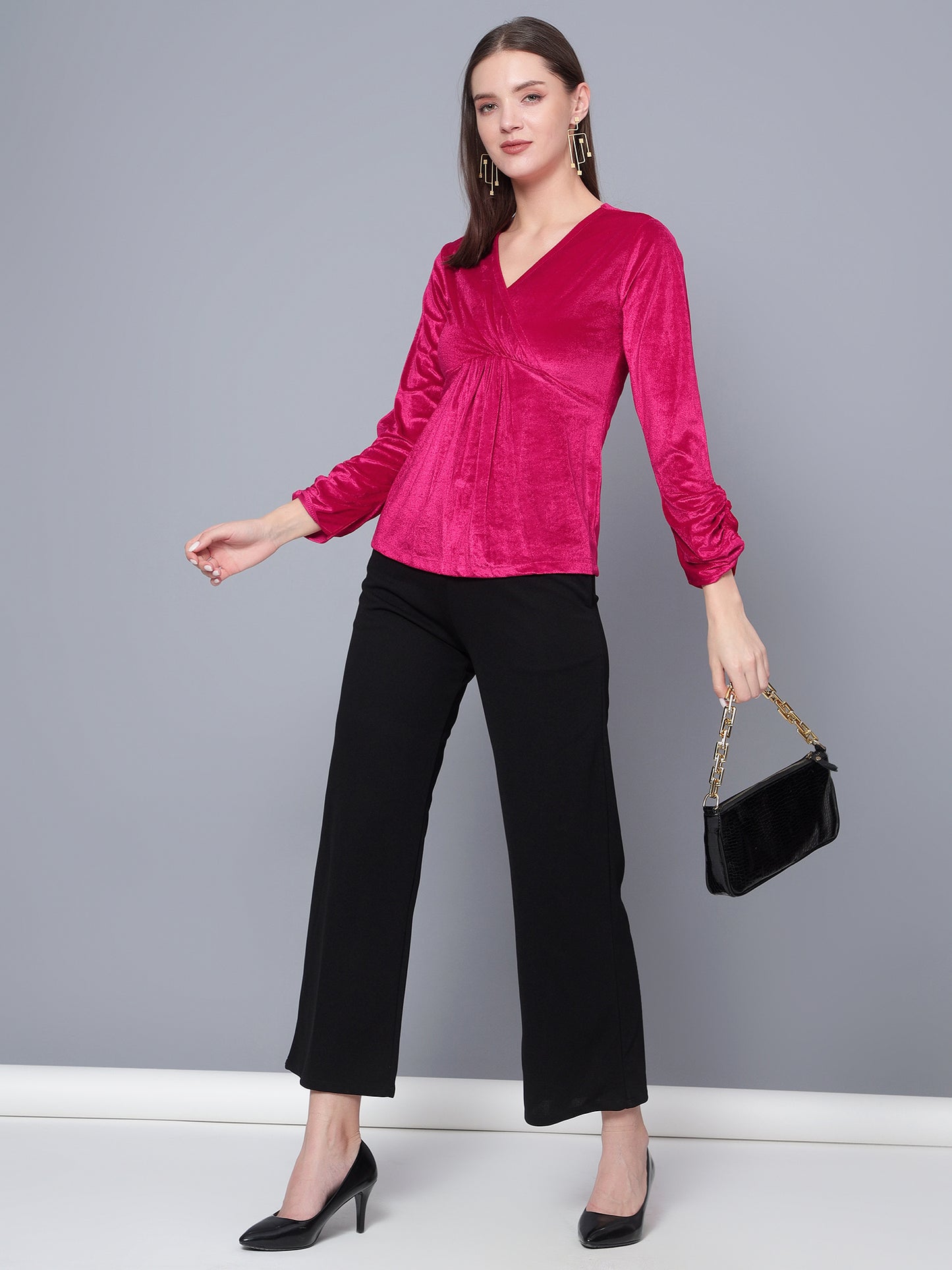 Golden Kite Black Women Solid Wrap Neck ,Sleeve Cut Gather detail Top