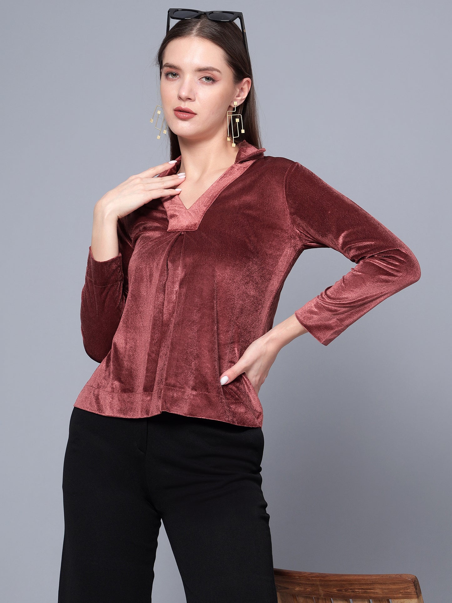 Golden Kite Black Solid Women V-Neck Collared Top