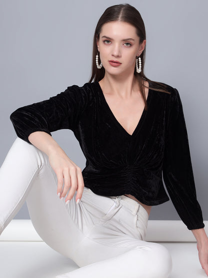 Golden Kite Black Women Solid V-Neck Crop Top Gather Detail