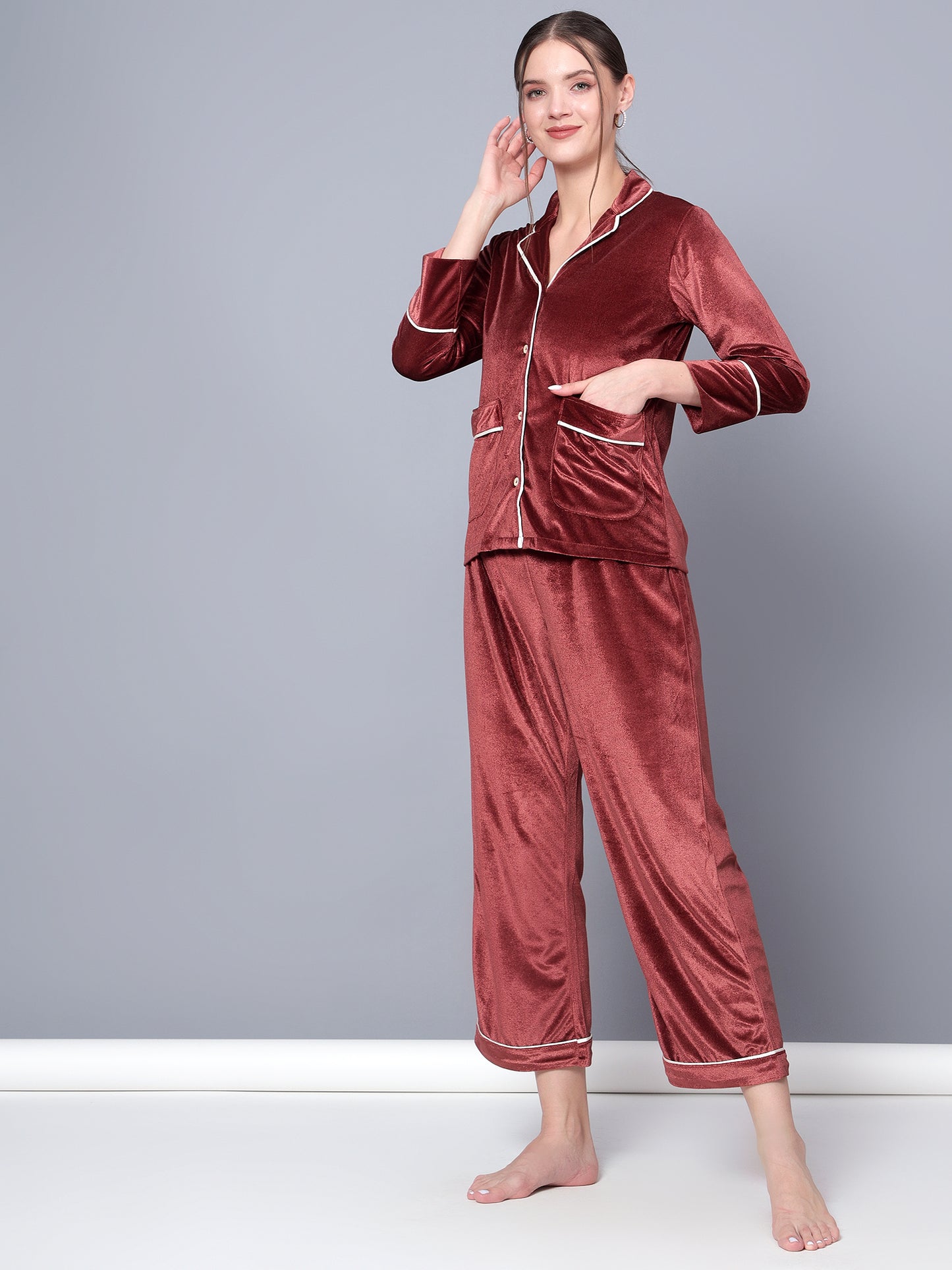 Golden Kite Solid Women's Black Knotch Collar Night Suit with 2 Pocket and Button Details