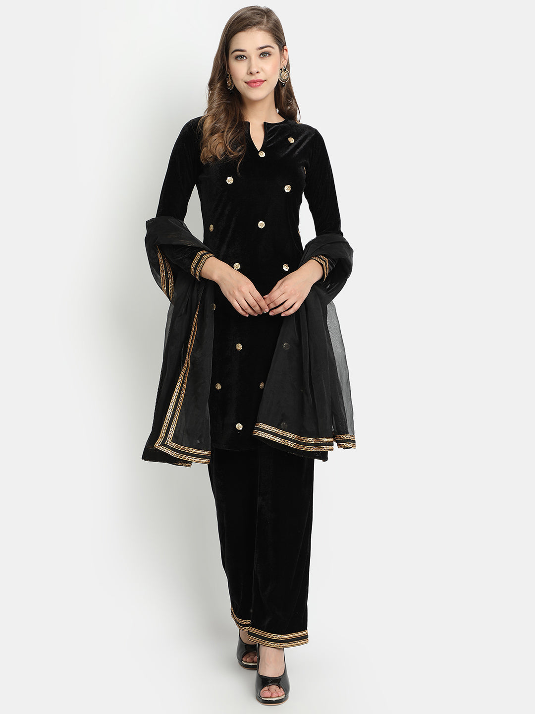 Golden Kite Velvet Embellished Kurta & Palazzos with Dupatta