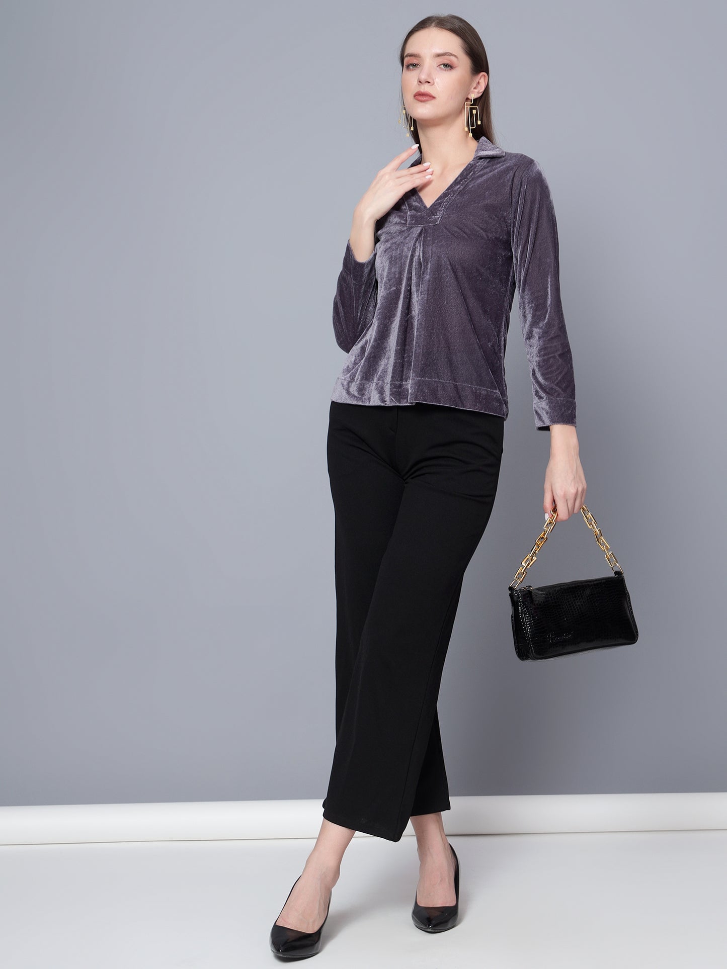 Golden Kite Black Solid Women V-Neck Collared Top