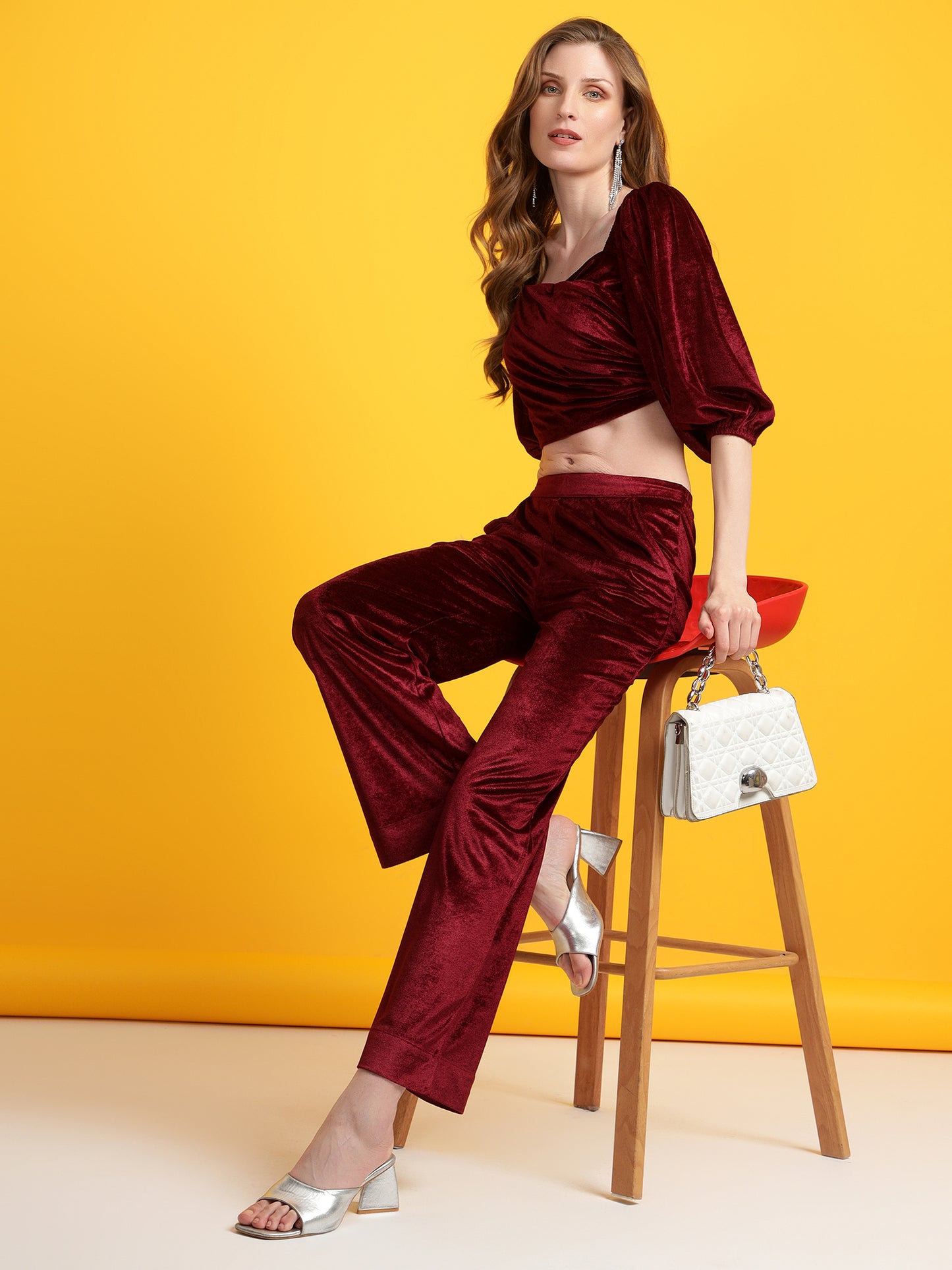 Golden Kite Women Solid Crop Top & Straight Trouser Co-Ord Set