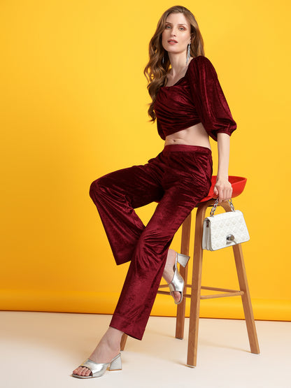 Golden Kite Women Solid Crop Top & Straight Trouser Co-Ord Set
