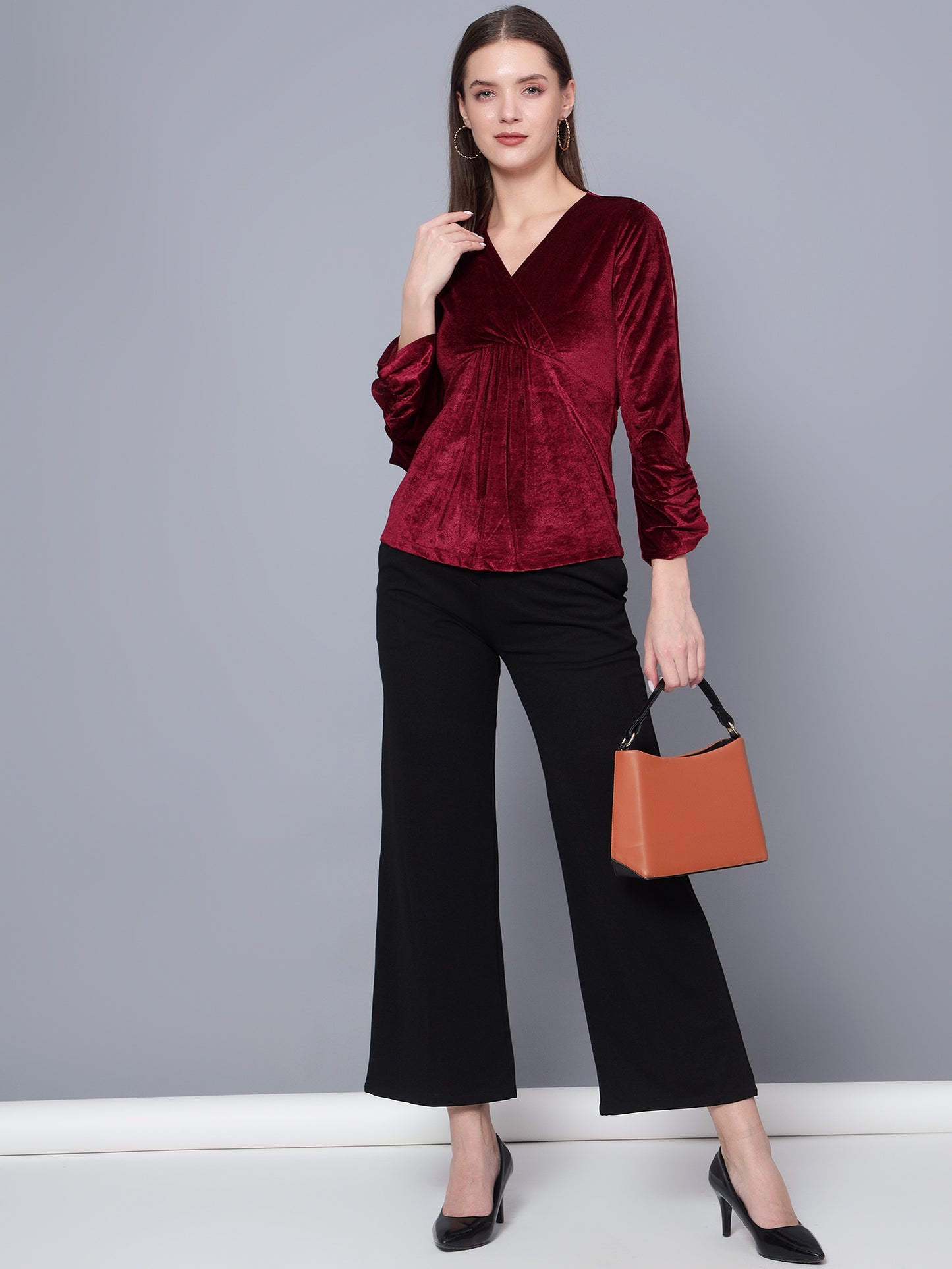 Golden Kite Black Women Solid Wrap Neck ,Sleeve Cut Gather detail Top