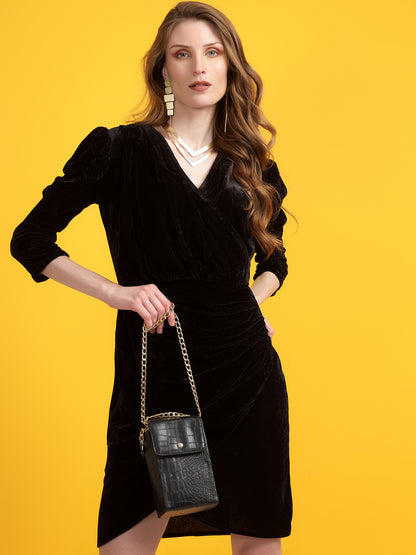 Golden Kite Black Solid Velvet Wrap ,Midi Puff sleeve Dress