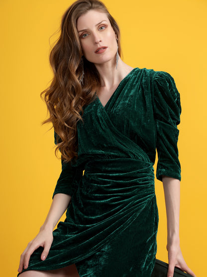 Golden Kite Black Solid Velvet Wrap ,Midi Puff sleeve Dress