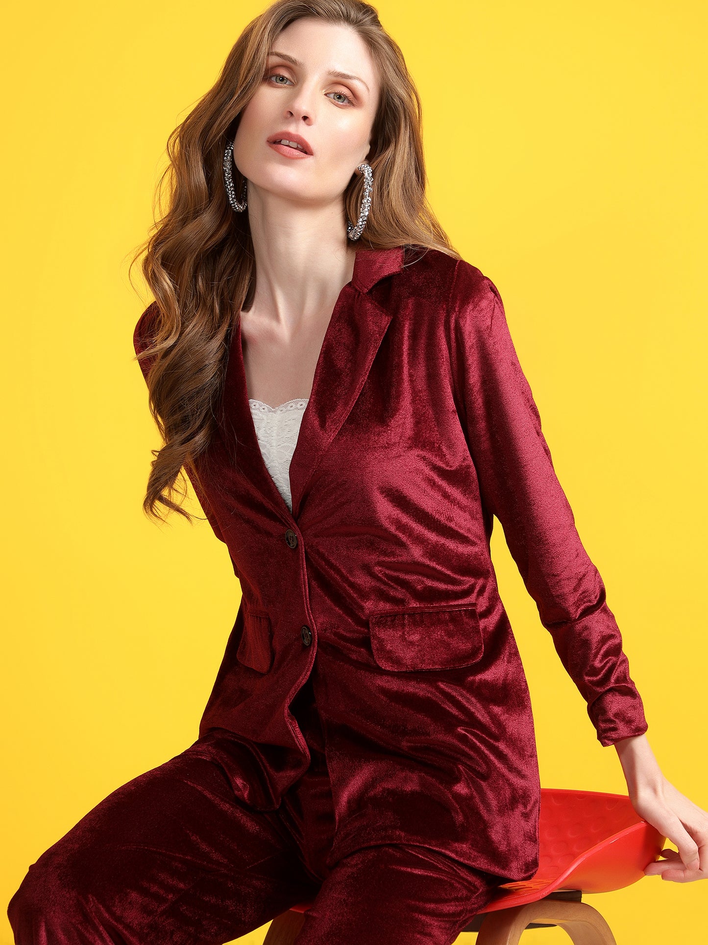 Golden Kite Black Solid Women Single-Breasted Velvet Blazer & Trouser set