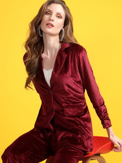 Golden Kite Black Solid Women Single-Breasted Velvet Blazer & Trouser set