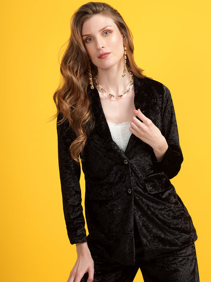 Golden Kite Black Solid Women Single-Breasted Velvet Blazer .