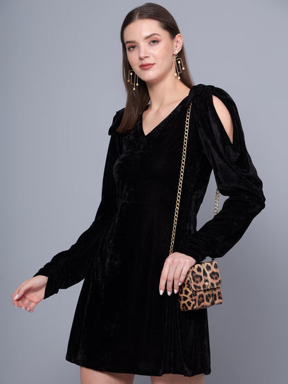 Golden Kite Black Solid A-line Midi Dress ,Cowl sleeve Detail