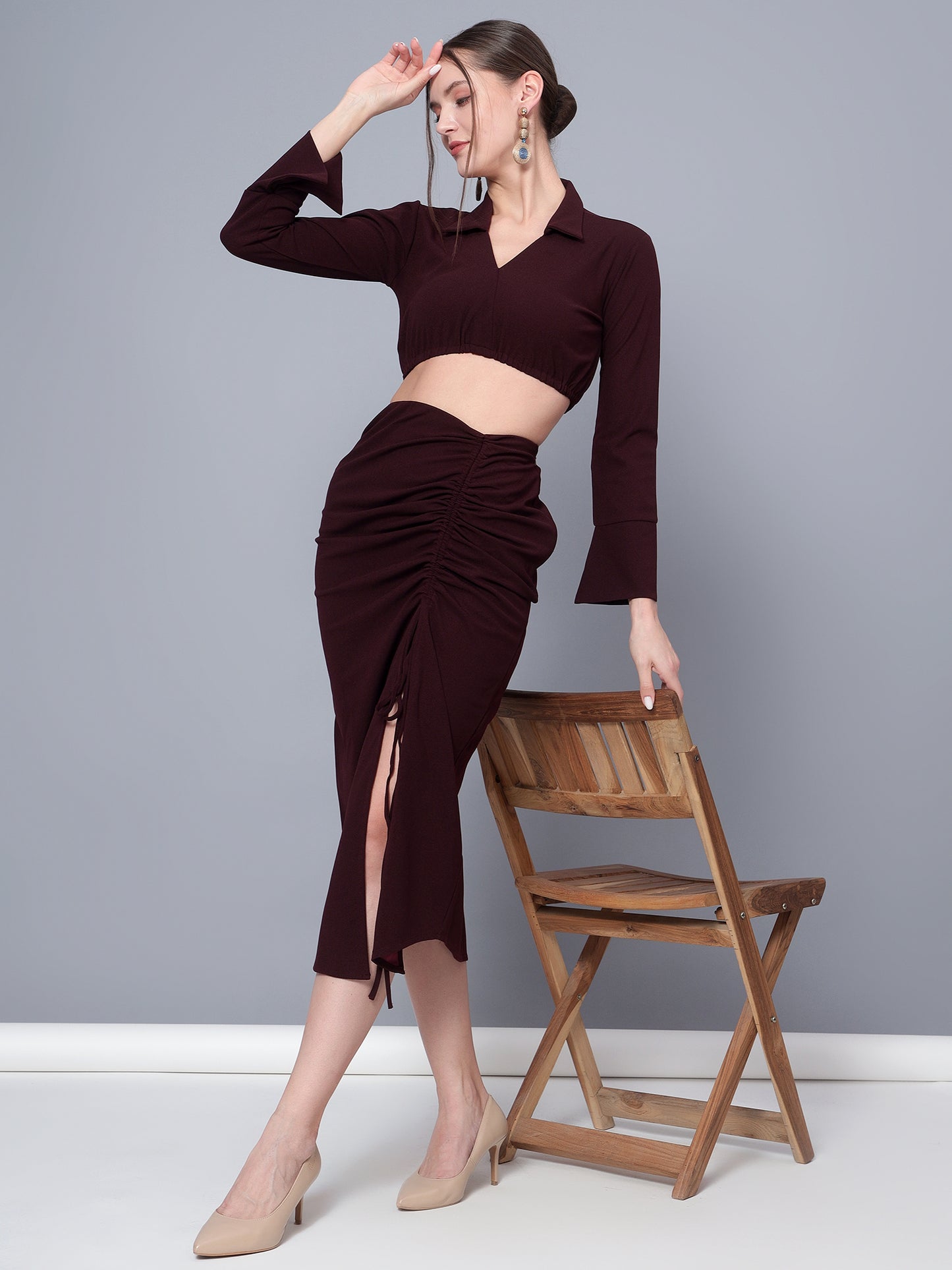 Golden Kite Trendy Black Solid Women Crop Top & Drape Skirt Set