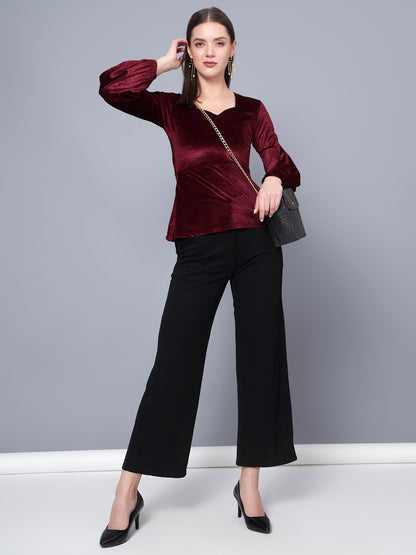 Golden Kite Black Women Solid Sweetheart Neck Bishop Sleeves Velvet Top