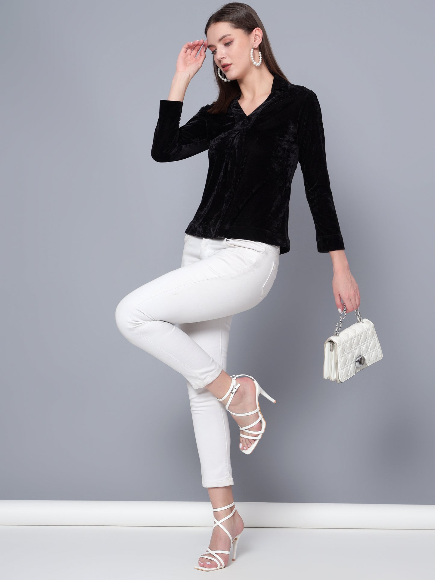 Golden Kite Black Solid Women V-Neck Collared Top