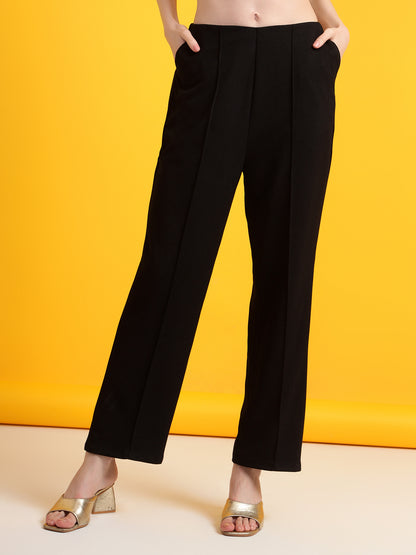 Golden Kite Black Solid High-Rise Trousers a slip on closure, and two pockets Casual Trouser