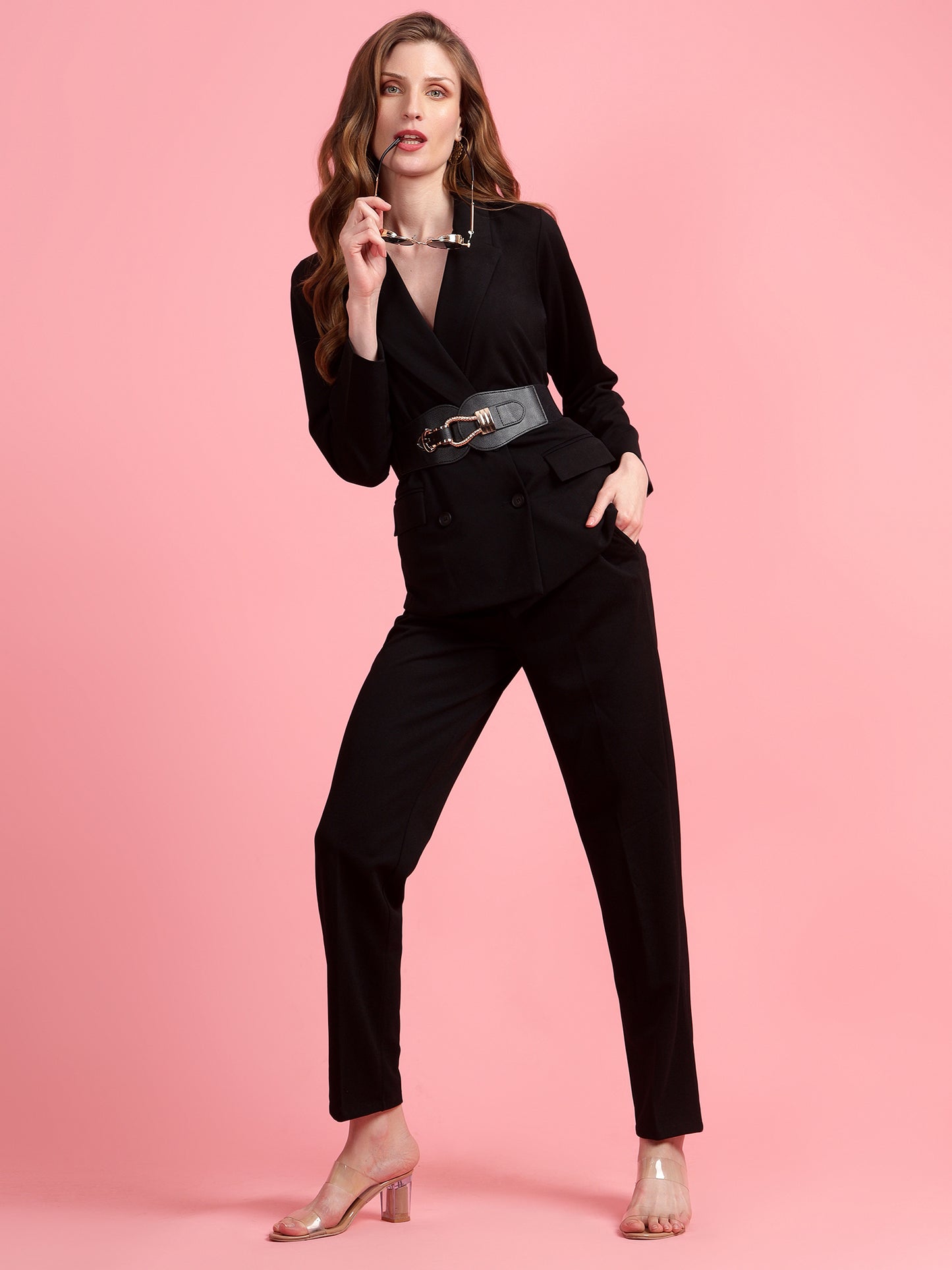 Golden Kite Black Solid Women Double-Breasted Blazer & Trouser set