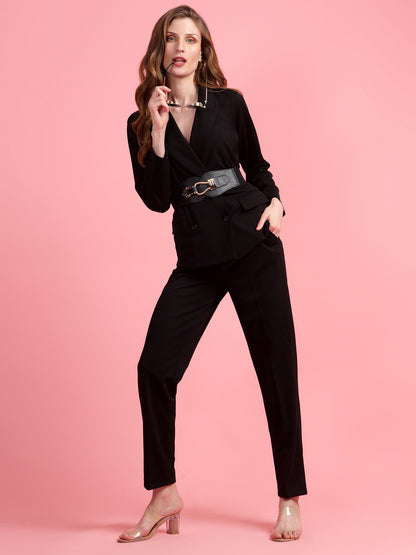 Golden Kite Black Solid Women Double-Breasted Blazer & Trouser set