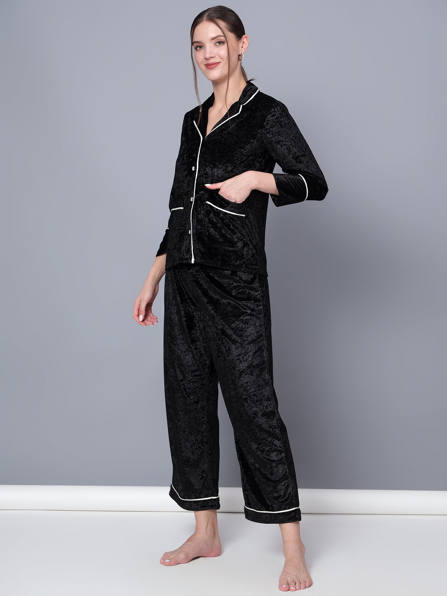 Golden Kite Solid Women's Black Knotch Collar Night Suit with 2 Pocket and Button Details