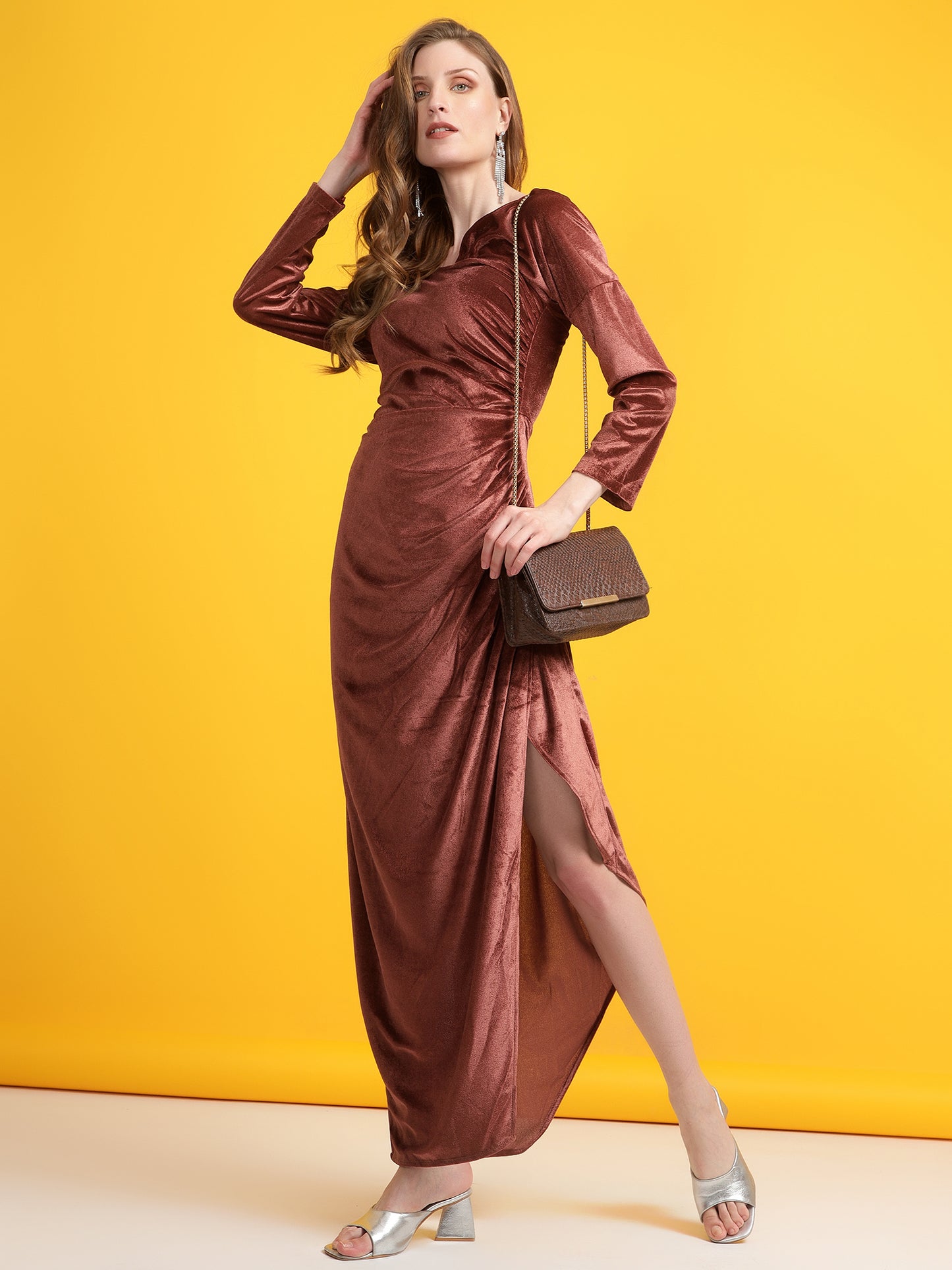 Golden Kite Black Solid Off-Shoulder ,Side Slit Dress
