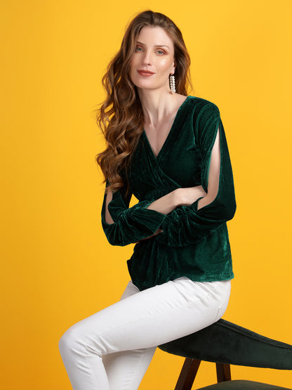 Golden Kite Black Women Solid Wrap Neck ,Sleeve Cut Gather detail Top