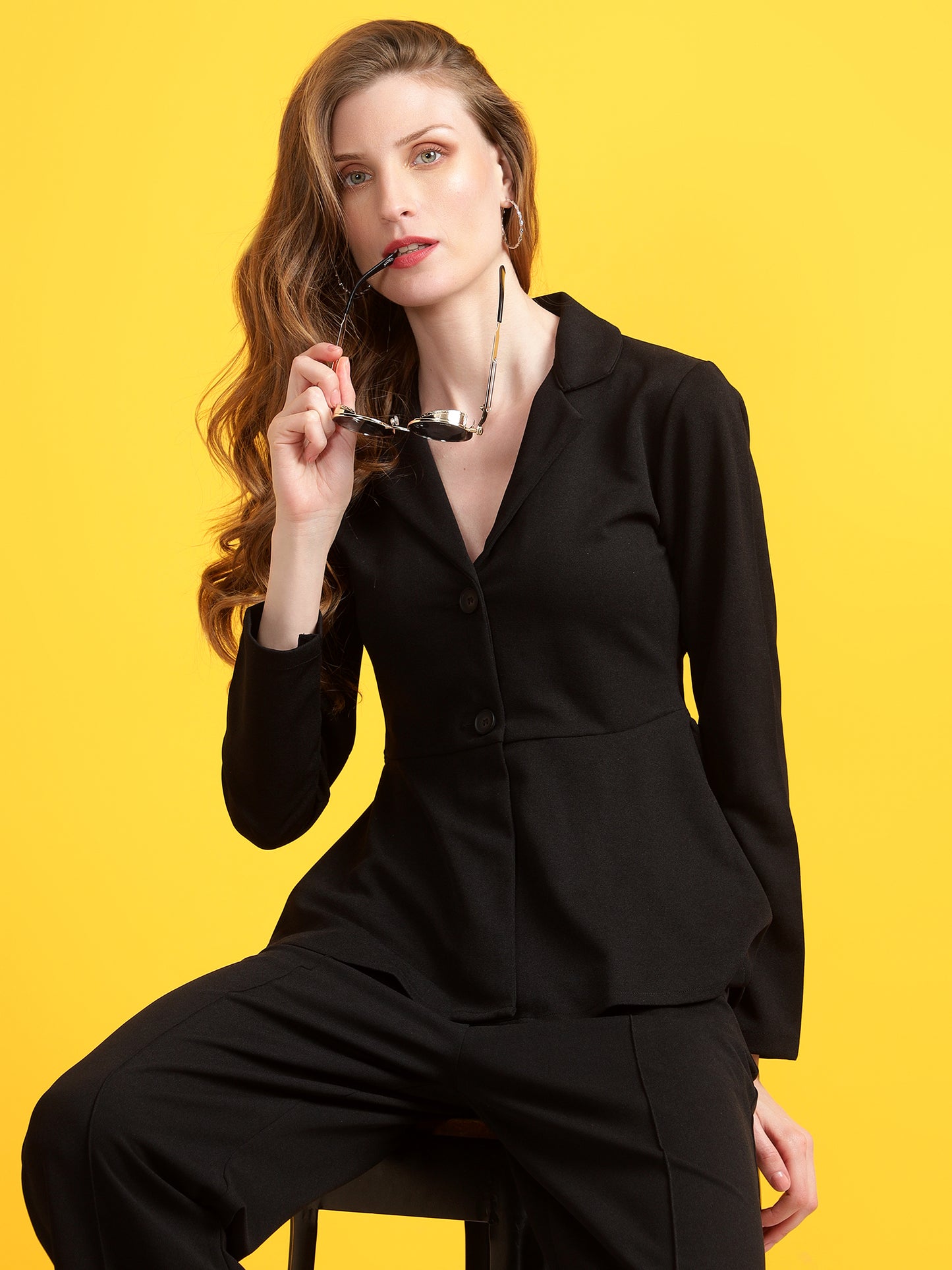 Golden Kite Black Women Solid A-Line Top & Flared Trouser Co-Ord Set