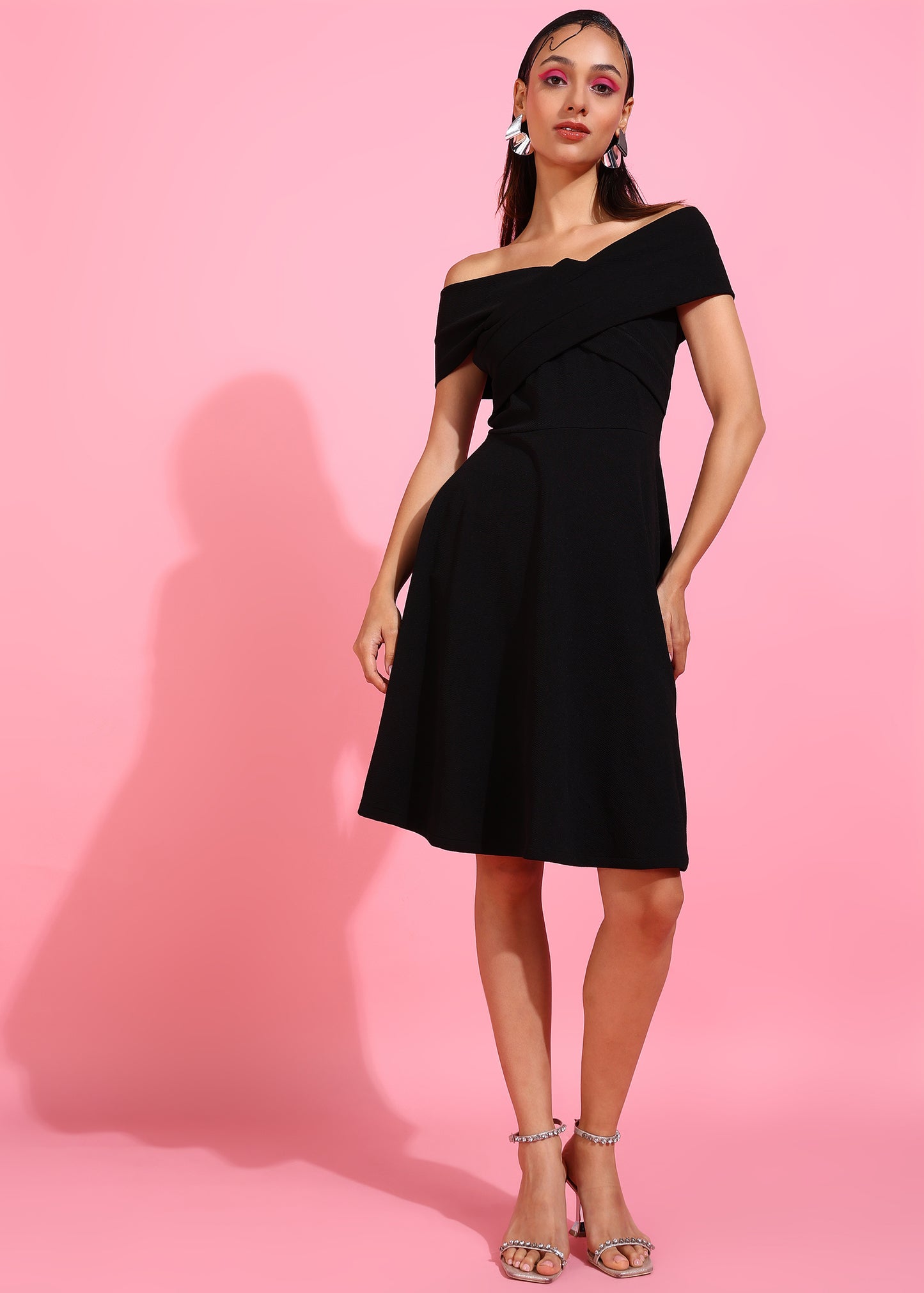 Golden Kite Women's Stretchable Polyester Off Shoulder Neck Wrap Midi Dress