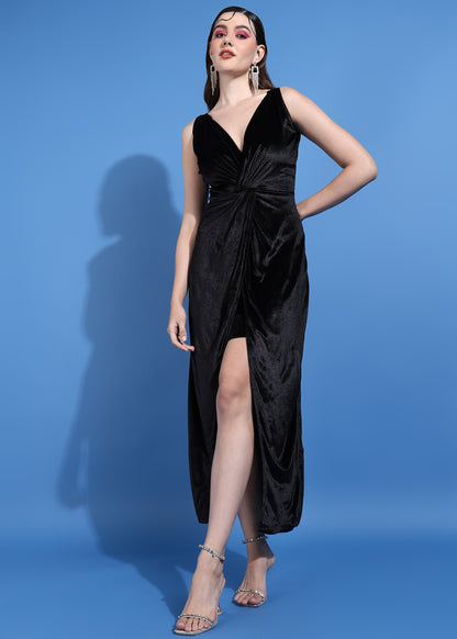 Golden Kite Twisted Knot Front Open Velvet Maxi Dress