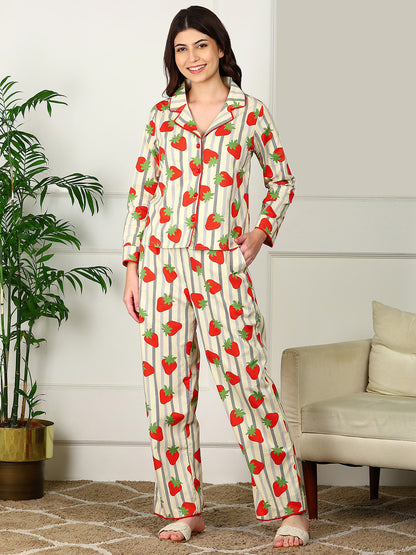 Golden Kite Women’s Cotton Stawberry Printed Night Suit with Notch Collar, Piping & Pocket