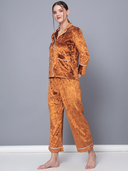 Golden Kite Solid Women's Black Knotch Collar Night Suit with 2 Pocket and Button Details