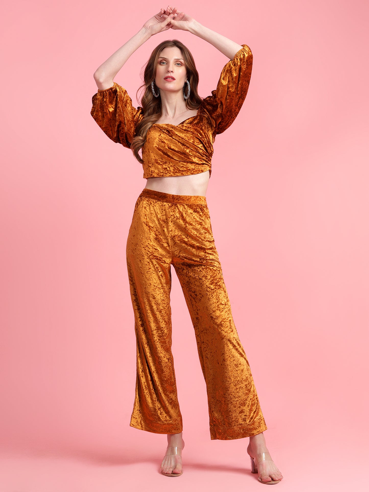 Golden Kite Women Solid Crop Top & Straight Trouser Co-Ord Set