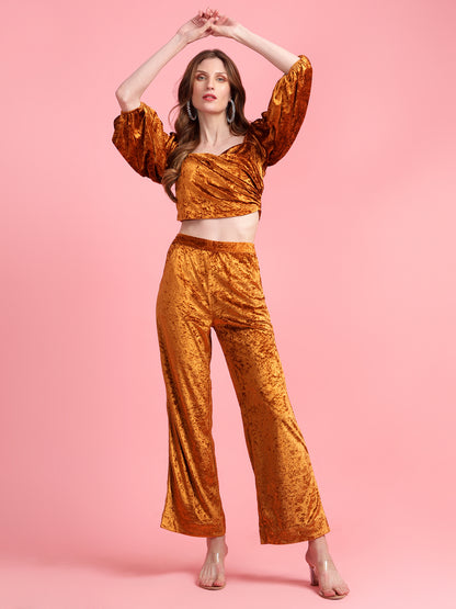 Golden Kite Women Solid Crop Top & Straight Trouser Co-Ord Set