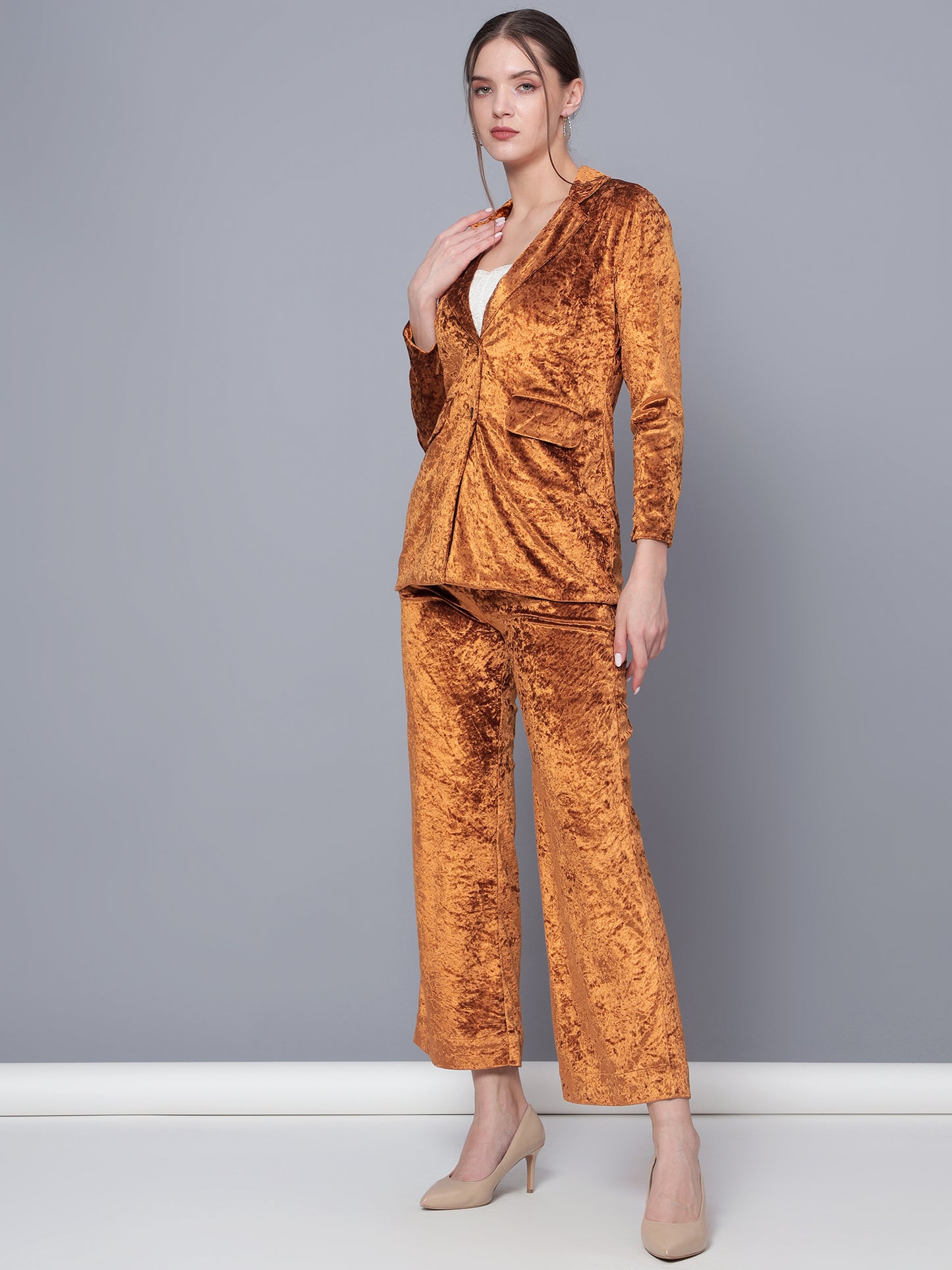 Golden Kite Black Solid Women Single-Breasted Velvet Blazer & Trouser set