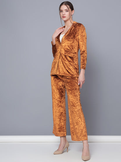 Golden Kite Black Solid Women Single-Breasted Velvet Blazer & Trouser set