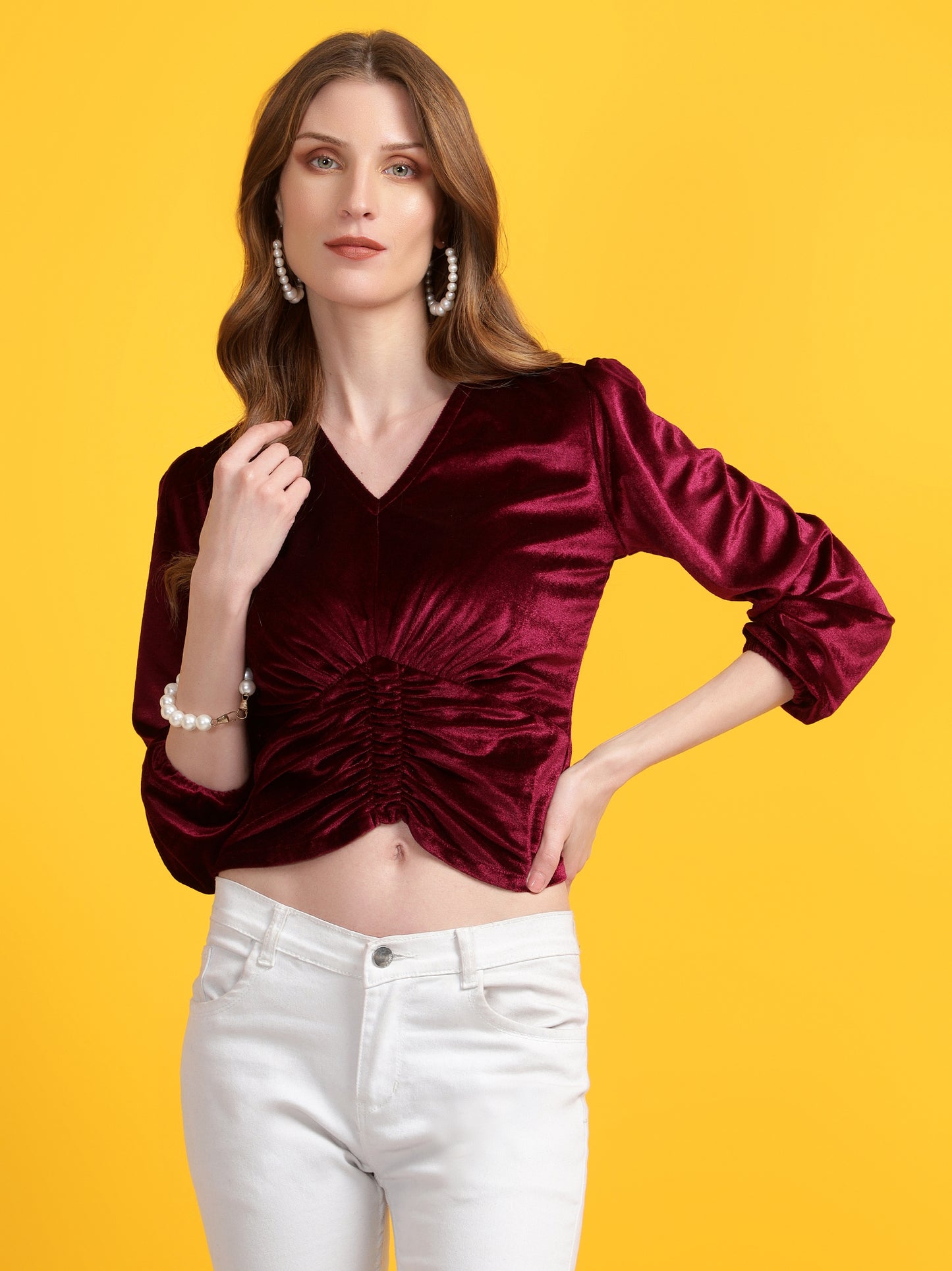 Golden Kite Black Women Solid V-Neck Crop Top Gather Detail