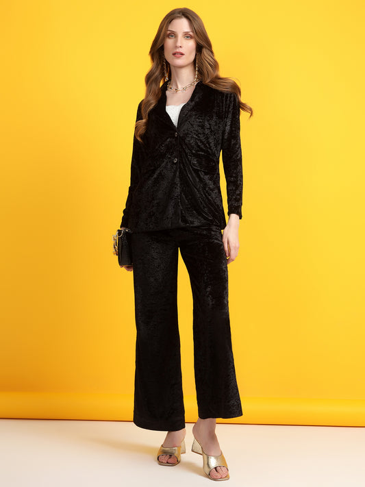 Golden Kite Black Solid Women Single-Breasted Velvet Blazer & Trouser set