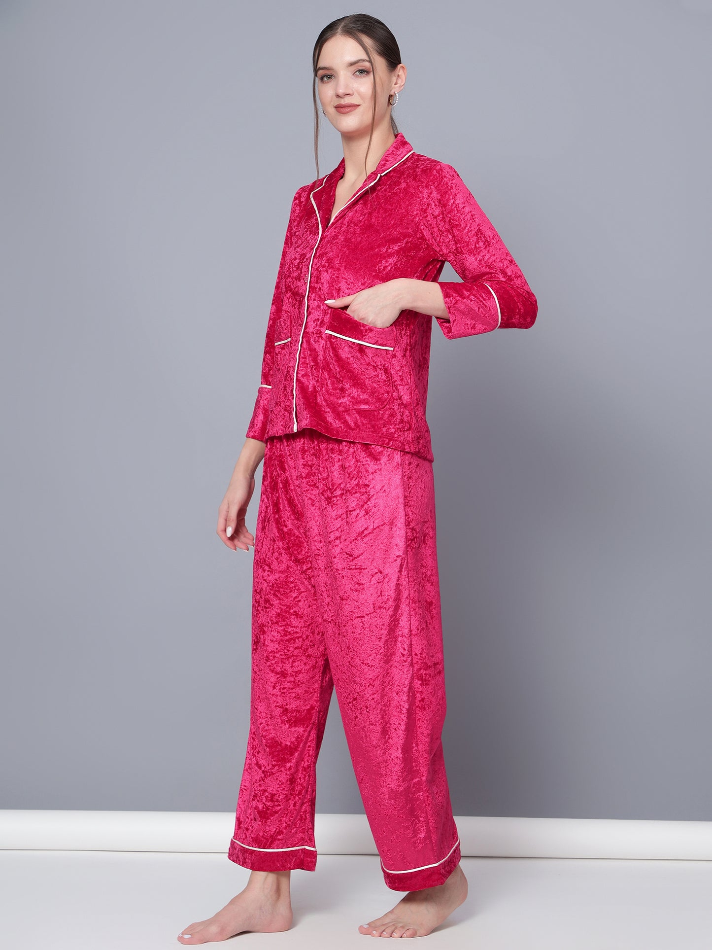 Golden Kite Solid Women's Black Knotch Collar Night Suit with 2 Pocket and Button Details