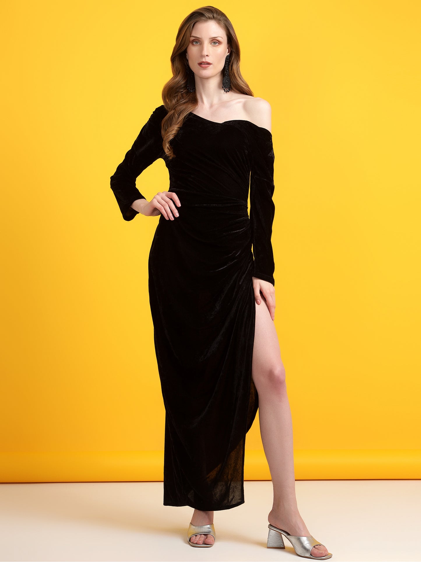 Golden Kite Black Solid Off-Shoulder ,Side Slit Dress