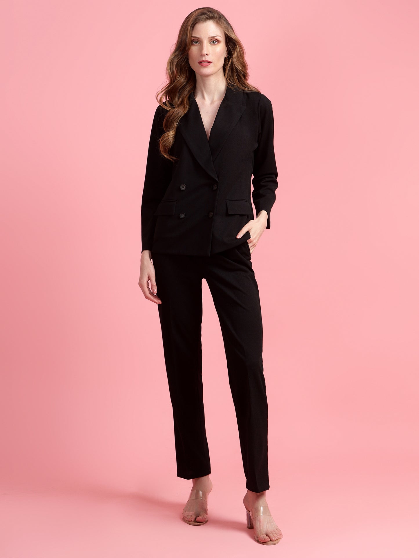 Golden Kite Black Solid Women Double-Breasted Blazer & Trouser set