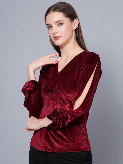 Golden Kite Black Women Solid Wrap Neck ,Sleeve Cut Gather detail Top