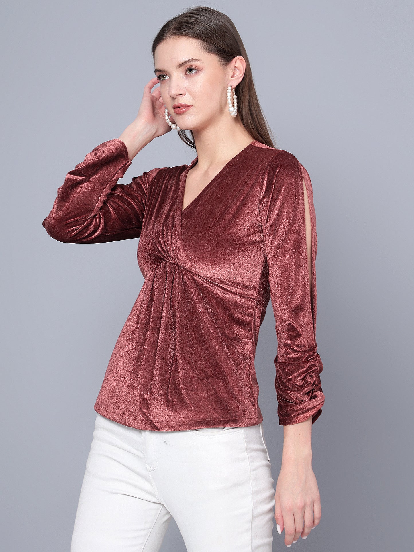 Golden Kite Black Women Solid Wrap Neck ,Sleeve Cut Gather detail Top