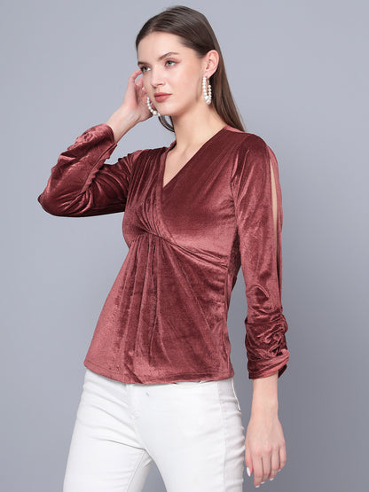Golden Kite Black Women Solid Wrap Neck ,Sleeve Cut Gather detail Top