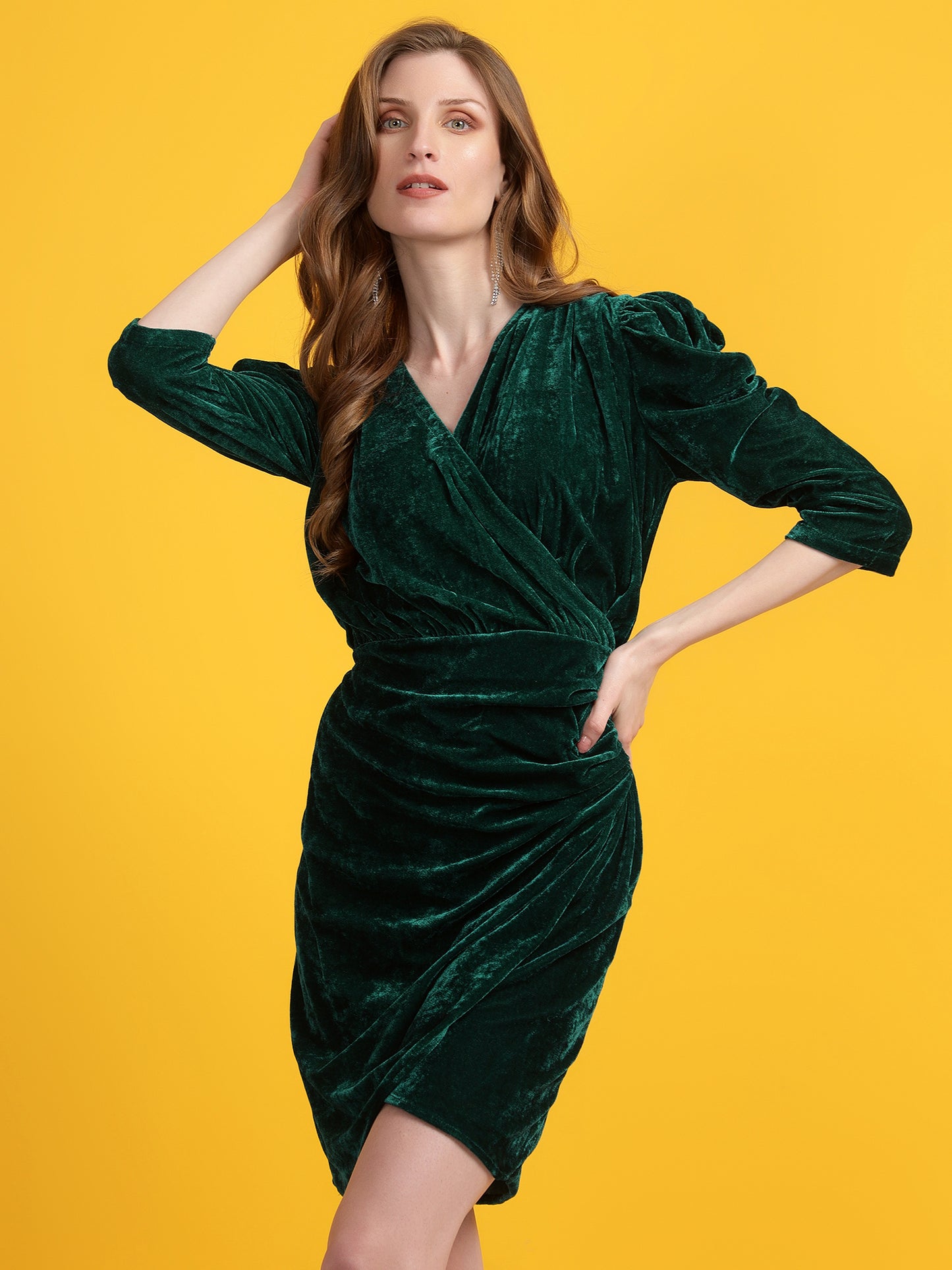 Golden Kite Black Solid Velvet Wrap ,Midi Puff sleeve Dress
