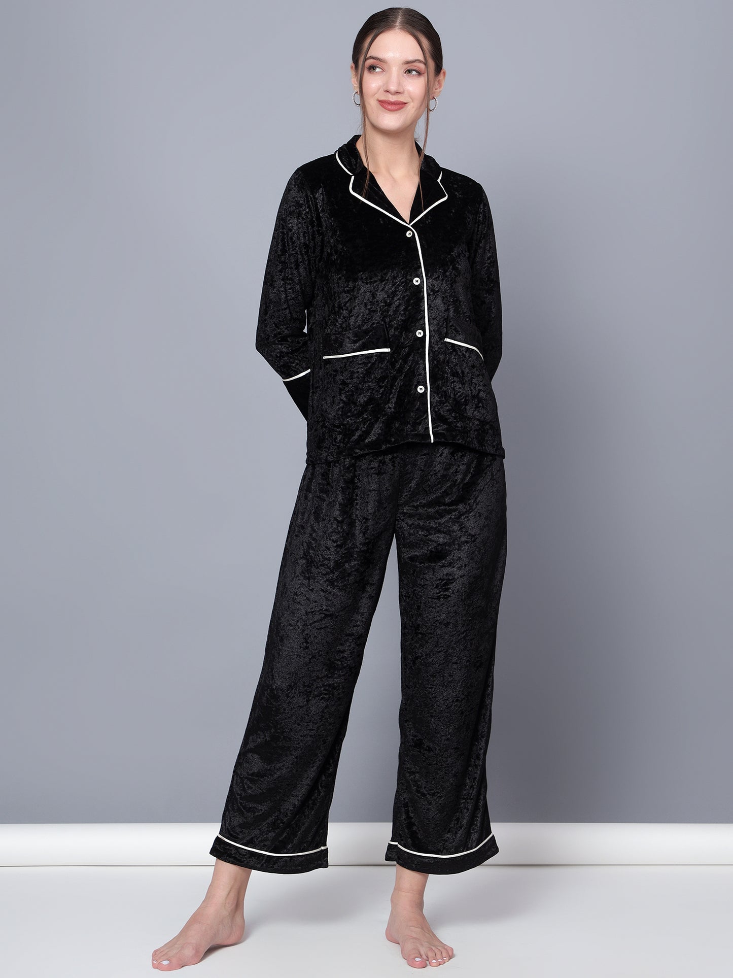 Golden Kite Solid Women's Black Knotch Collar Night Suit with 2 Pocket and Button Details