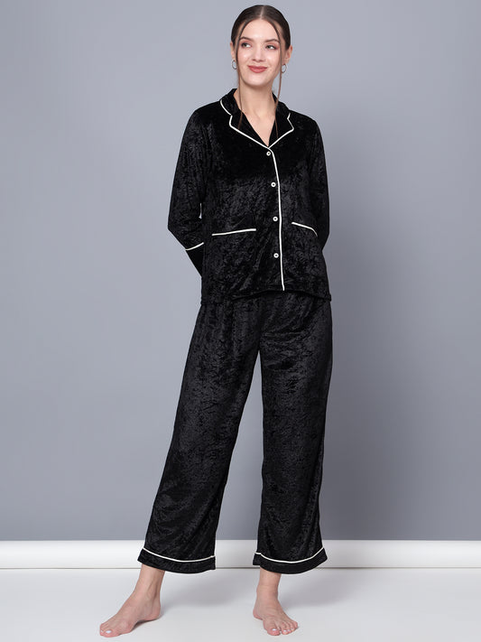 Golden Kite Solid Women's Black Knotch Collar Night Suit with 2 Pocket and Button Details