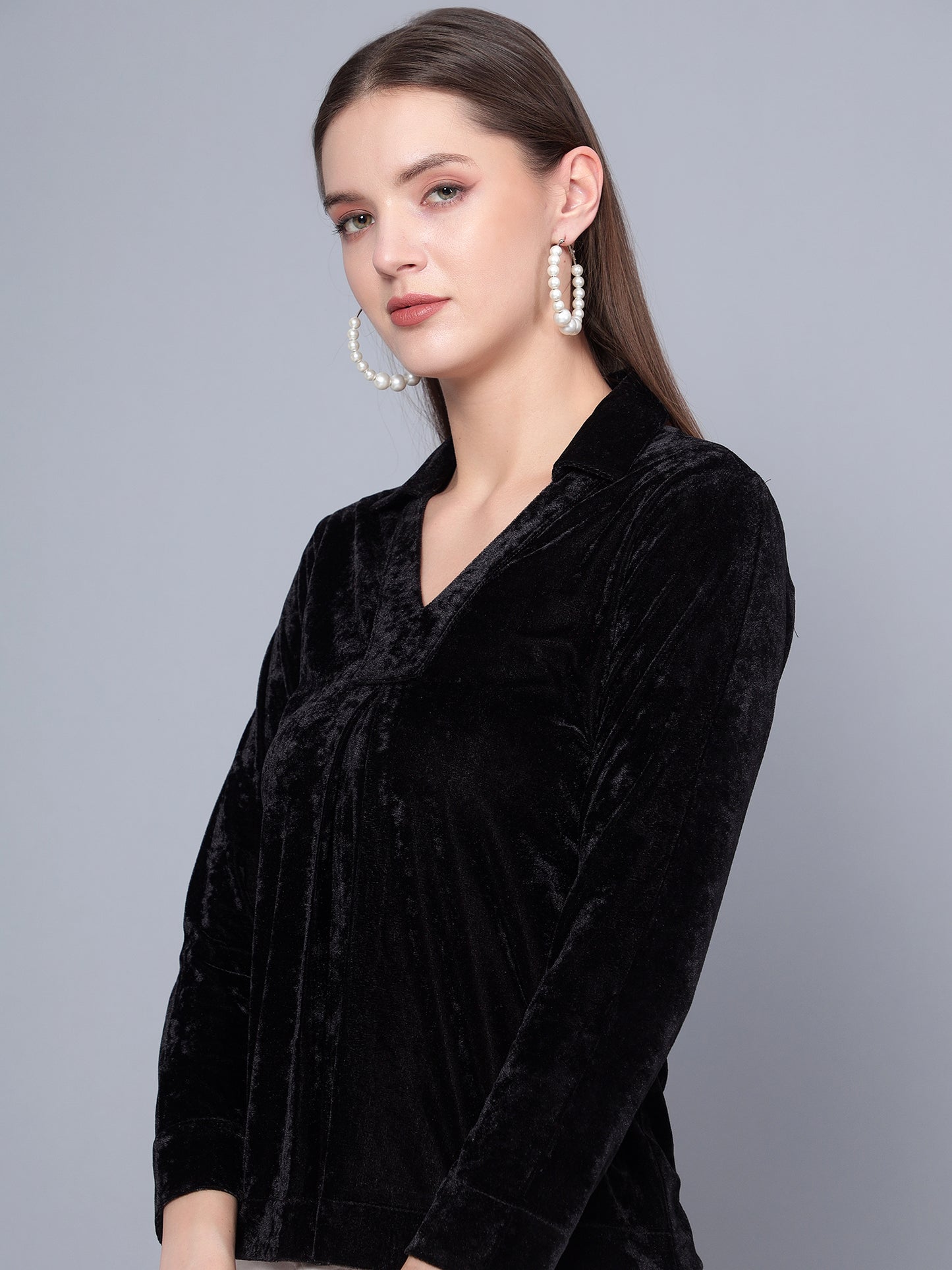 Golden Kite Black Solid Women V-Neck Collared Top