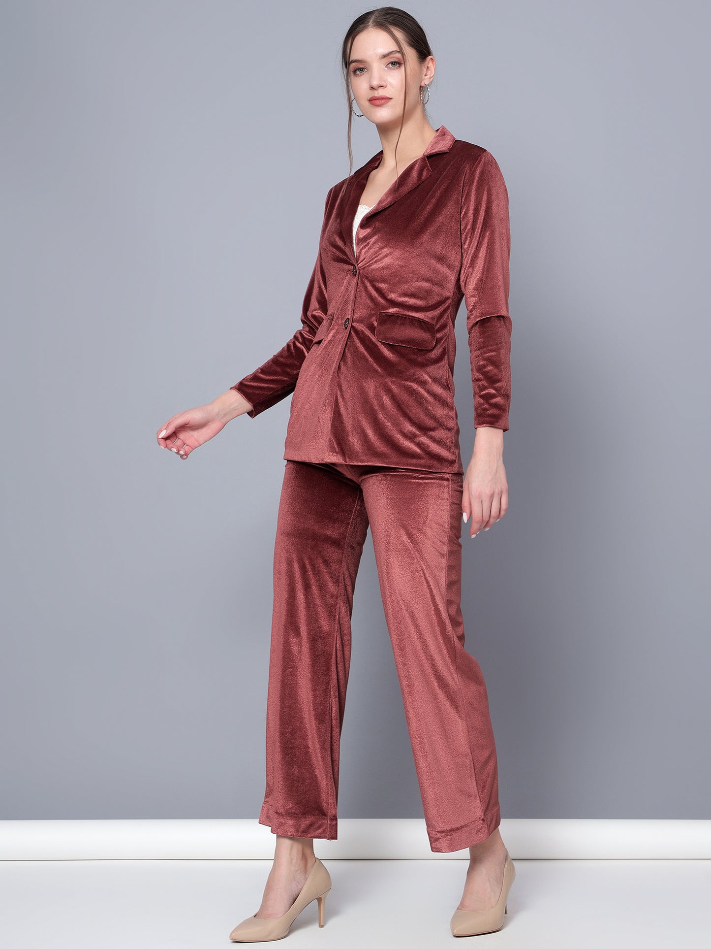 Golden Kite Black Solid Women Single-Breasted Velvet Blazer & Trouser set