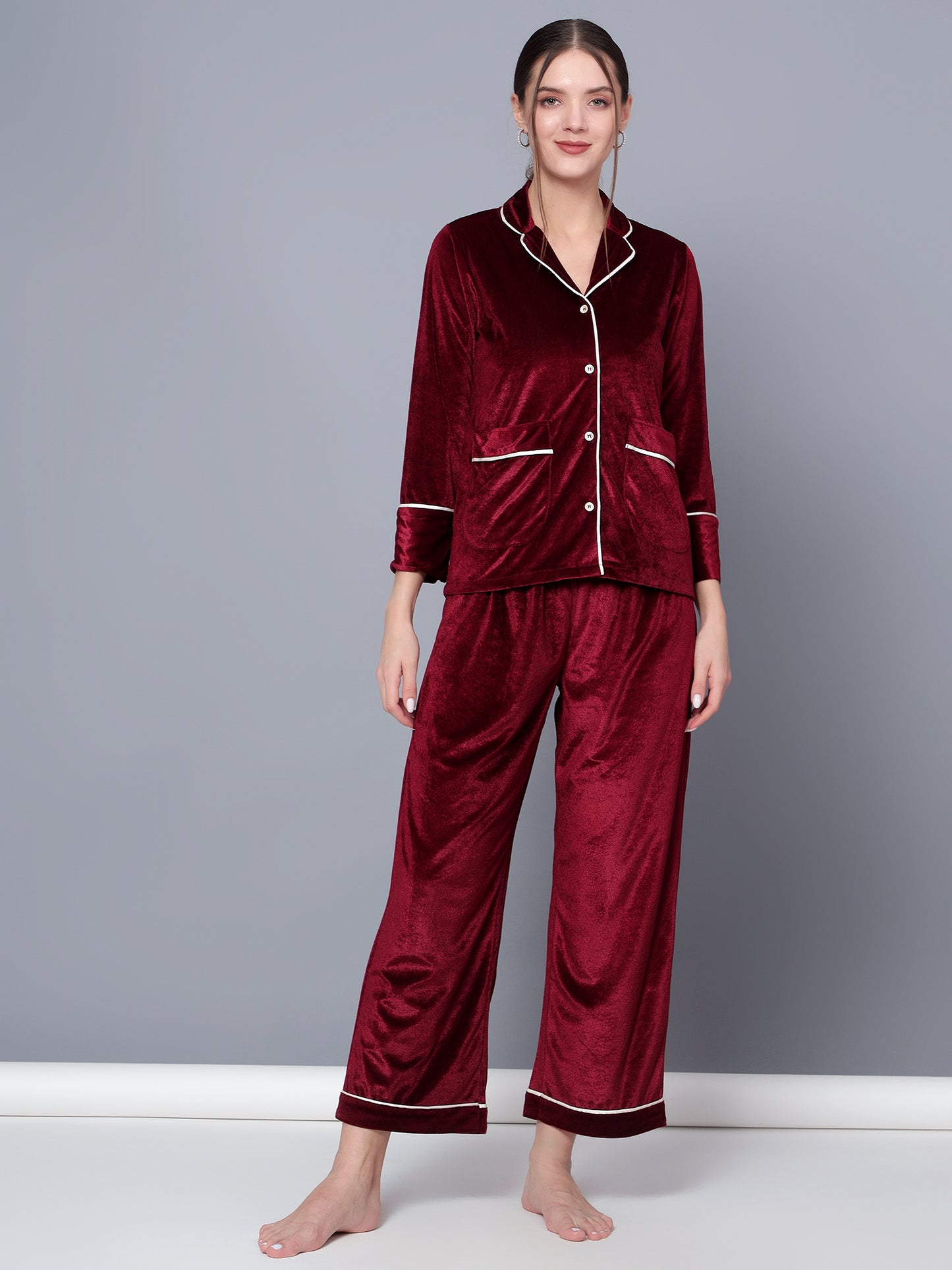 Golden Kite Solid Women's Black Knotch Collar Night Suit with 2 Pocket and Button Details