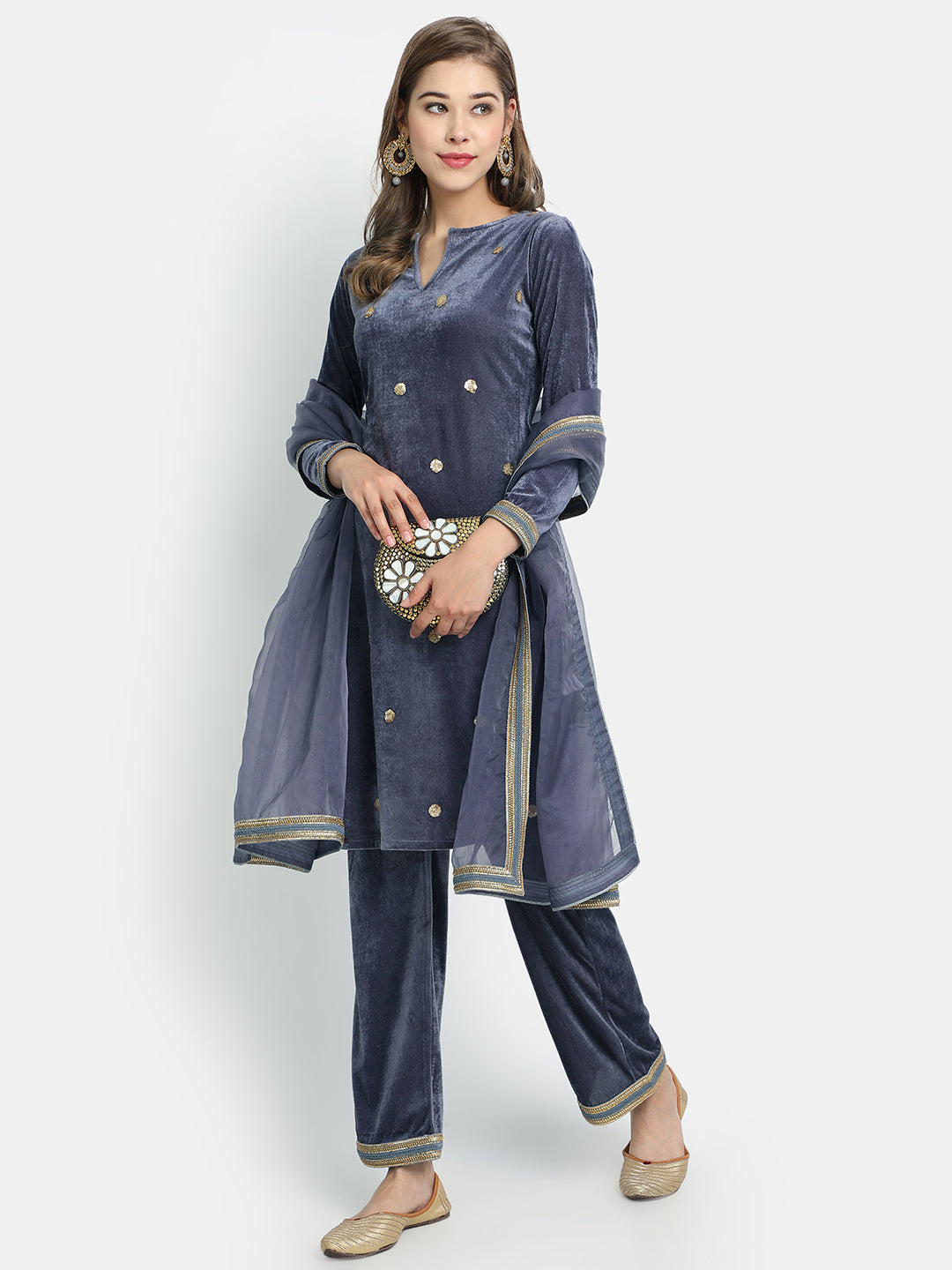 Golden Kite Velvet Embellished Kurta & Palazzos with Dupatta